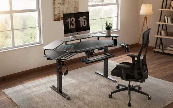 Aries 72'' Black Adjustable Gaming Desk with particle board top, powder-coated metal frame, dual motor lift, dual monitor risers, headphone hook, cup holder, and cable management in transitional style.