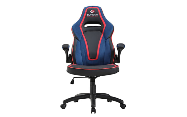 Eureka Ergonomic gaming chair in black and blue with red accents, featuring padded armrests, adjustable height, and five caster wheels.