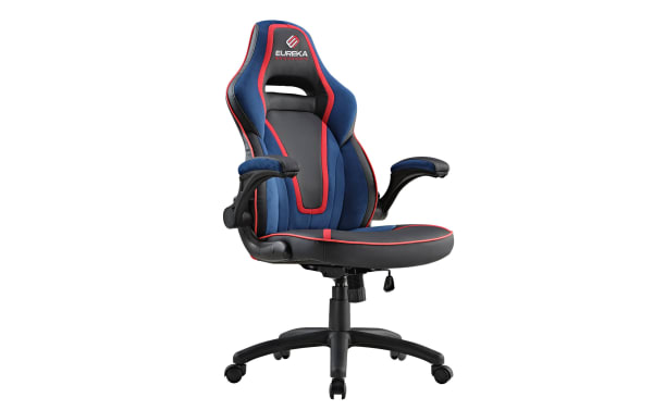 Eureka Ergonomic gaming chair with blue and black padded seat, red trim, adjustable armrests, and five-wheel black base for office or gaming use.