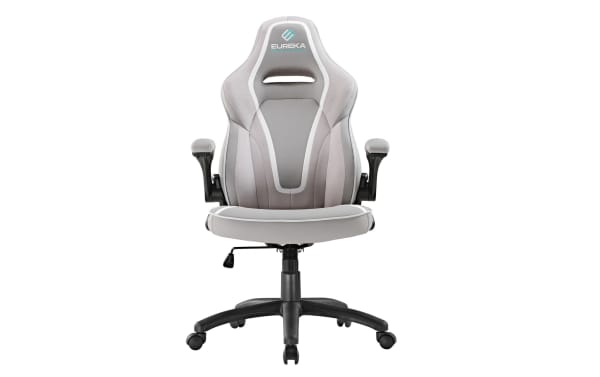 Eureka ergonomic gaming chair in gray and white with cushioned armrests, high backrest, breathable fabric, and adjustable height on caster wheels.