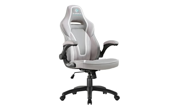Eureka Ergonomics gray and white gaming chair with plush cushioning, adjustable armrests, high backrest, and black wheeled base for office or gaming use.
