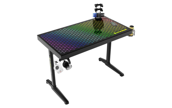 Orbit Black Glass Top Gaming Desk with tempered glass surface, powder-coated metal frame, RGB lighting, cup holder, headphone hooks, controller rack, and USB outlet, designed for gamers and streamers, featuring a compact, stable black transitional style from Eureka Ergonomic.