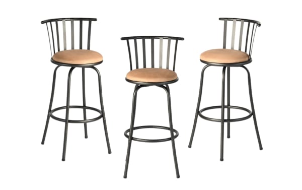 Set of three black metal bar stools with tan cushioned round seats and vertical backrest bars, designed for kitchen or bar seating.
