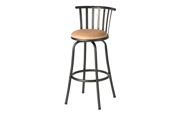 Black metal bar stool with a round tan cushioned seat, vertical slat backrest, and circular footrest, ideal for kitchen or bar seating.