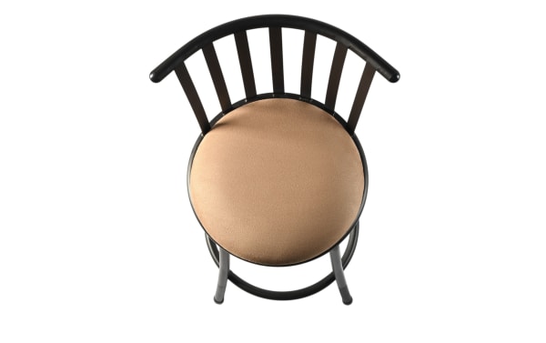 Black metal bar stool with a curved backrest and vertical slats, featuring a round, tan cushioned seat for comfortable seating.