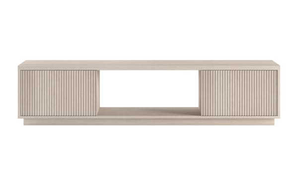 Modern beige wood TV stand with fluted sliding cabinet doors and open central shelf, minimalist design for living room storage.