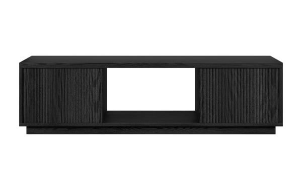 Black wooden TV stand with a modern design featuring two ribbed sliding doors and an open central shelf for media devices or decor.