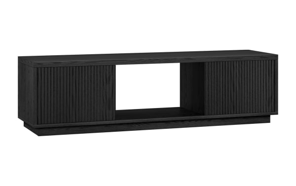 Modern black wooden TV stand with ribbed sliding doors, open central shelf, and rectangular design for living room media storage.