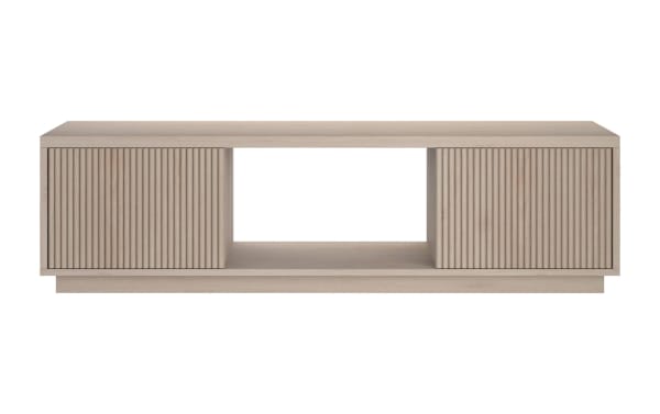 Modern light wood TV stand with ribbed cabinet doors on both sides and an open central shelf, minimalist design for living rooms.