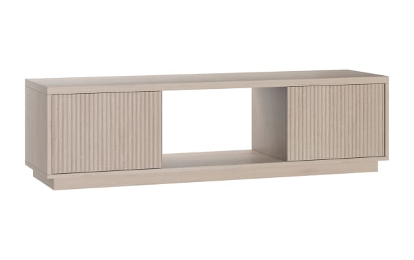 Light wood TV stand with two ribbed cabinet doors and an open central shelf, featuring a modern minimalist design.