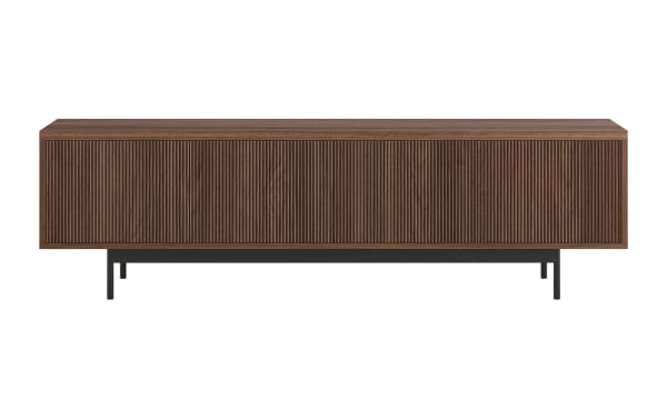 Modern wooden TV console with dark walnut finish, vertical slatted front design, and black metal legs, ideal for contemporary living rooms.