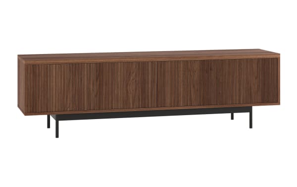 Mid-century modern walnut wood TV stand with vertical slatted doors and black metal legs, offering sleek storage for living rooms.