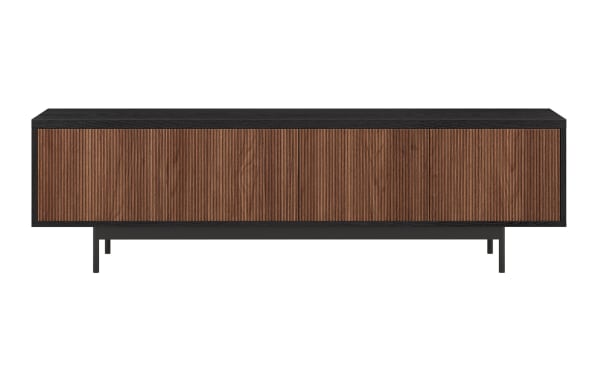 Modern wooden sideboard with black frame and legs, featuring six vertically grooved walnut cabinet doors, ideal for stylish living room storage.