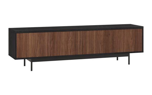 Modern wooden sideboard with black frame and base, featuring vertically grooved dark walnut doors, ideal for stylish living room storage.