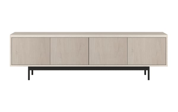 Modern light wood media console with four vertically grooved cabinet doors and black metal legs, ideal for living room storage.