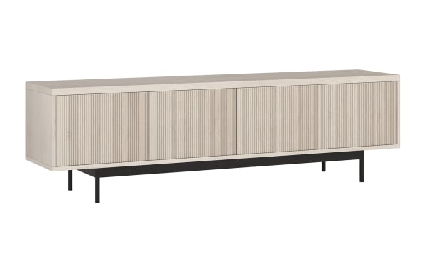 Modern beige wood TV stand with vertical grooves on cabinet doors, black metal legs, and a minimalist design for living room storage.
