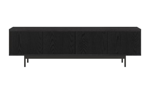 Modern black wooden sideboard with vertical grooves on doors, sleek metal legs, minimalist design for living room storage.