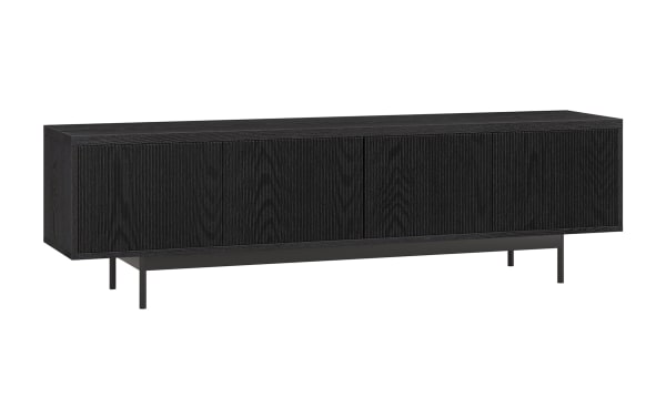 Modern black wood TV stand with textured cabinet doors and slim metal legs, offering sleek storage for living rooms or media areas.