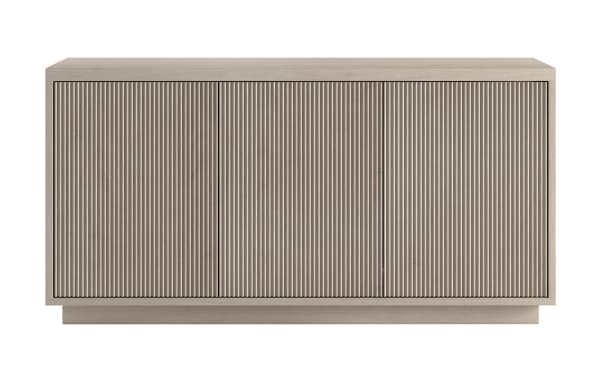 Modern beige wooden sideboard with vertical slatted doors, minimalist design, and a recessed base, ideal for contemporary living spaces.