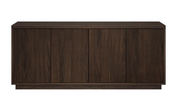 Dark brown wooden sideboard with four vertically grooved doors, minimalist design, and a flat top surface for storage or display.