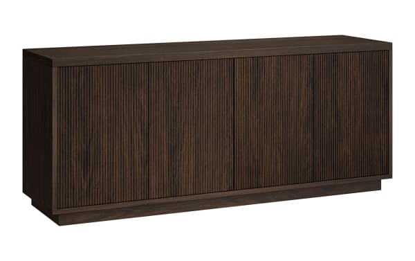 Dark brown wooden sideboard with four vertically grooved panel doors, minimalist modern design, and flat top surface for storage or display.