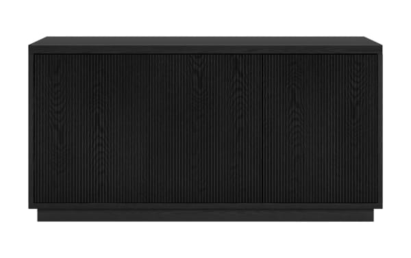 Modern black wooden sideboard with vertical slatted front panels, rectangular shape, and minimalist design for living room storage.