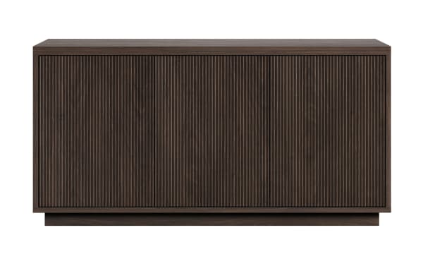 Dark brown wooden sideboard with a ribbed textured front panel and three doors, featuring a modern minimalist design and a low base.
