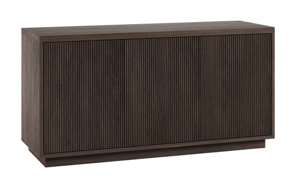 Dark brown wooden sideboard with ribbed front panel design, rectangular shape, and modern minimalist style for living room storage.