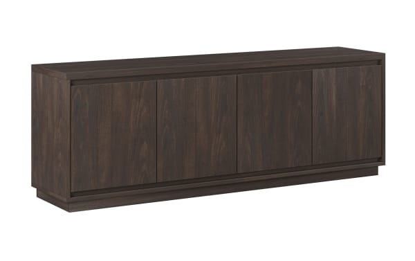 Dark brown wood TV console cabinet with four doors, modern minimalist design, flat top surface for media devices, and a sturdy base.