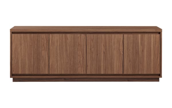 Modern wooden sideboard cabinet with four doors, walnut finish, minimalist design, flat top surface, and recessed base for living room storage.