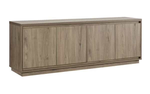 Modern wooden sideboard cabinet with four panel doors, light brown oak finish, and minimalist design for living room storage.