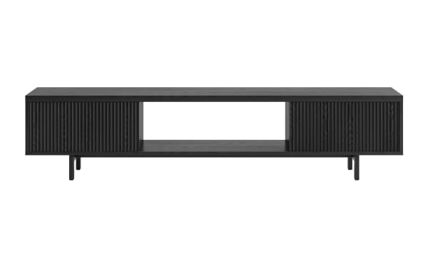 Black modern TV stand with ribbed sliding doors, open central shelf, and metal legs, featuring a sleek wood finish for living room storage.