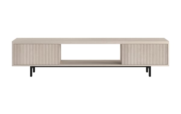 Modern beige wood TV stand with vertical groove textured cabinet doors, open central shelf, and black metal legs for living room storage.