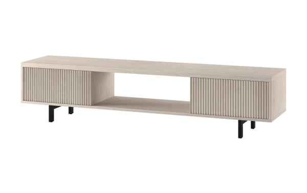 Modern light wood TV stand with ribbed sliding doors, open central shelf, and black metal legs, ideal for living room storage.