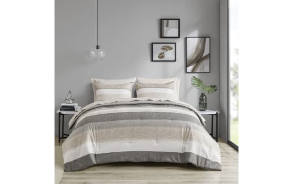 Santos King Taupe 7 Piece Striped Comforter Set in polyester fabric with taupe, gray, light gray, and white horizontal stripes, contemporary style.