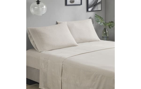 Santos King Taupe 7 Piece Striped Comforter Set with taupe and white thin stripes, made of soft polyester fabric in contemporary tan and gray tones.