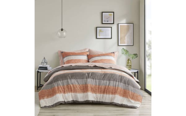 Santos Queen Terracotta 7 Piece Striped Comforter Set in orange, gray, light gray, and white polyester fabric with contemporary wide horizontal stripes and matching pillow shams.