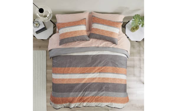Santos Queen Terracotta 7 Piece Striped Comforter Set in polyester fabric with orange, gray, light gray, and white horizontal stripes, contemporary style.