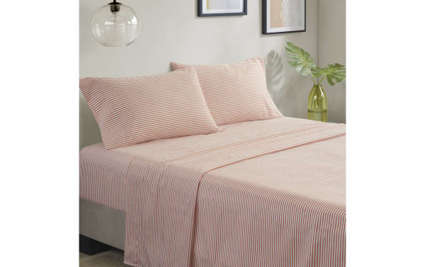 Santos Queen Terracotta 7 Piece Striped Comforter Set in orange and white polyester fabric with contemporary thin stripes, includes pillow shams and fitted sheet.