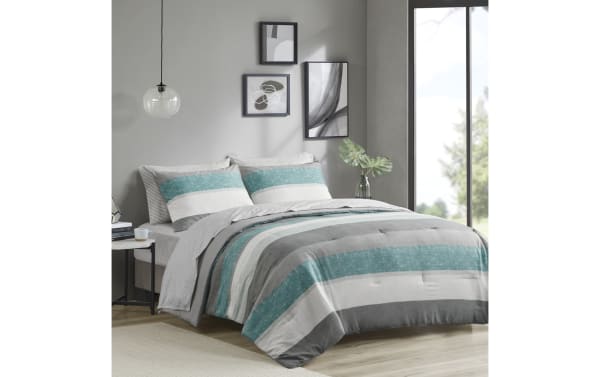 Santos Twin Aqua 5 Piece Striped Comforter Set in contemporary style with aqua, gray, light gray, and white polyester fabric featuring wide horizontal stripes for a cozy, modern bedroom look.