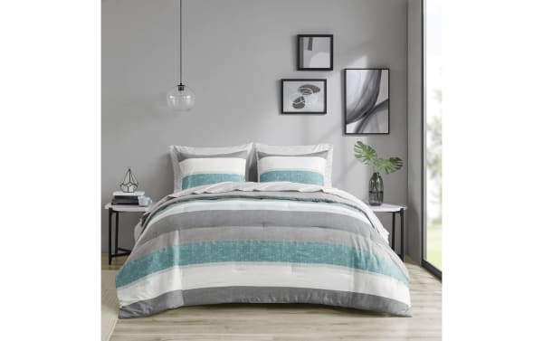 Santos Twin Aqua 5 Piece Striped Comforter Set in contemporary aqua, gray, light gray, and white polyester fabric with bold horizontal stripes for stylish bedroom decor.