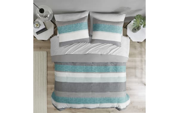 Santos Twin Aqua 5 Piece Striped Comforter Set in polyester fabric with aqua, gray, light gray, and white horizontal stripes, contemporary style.