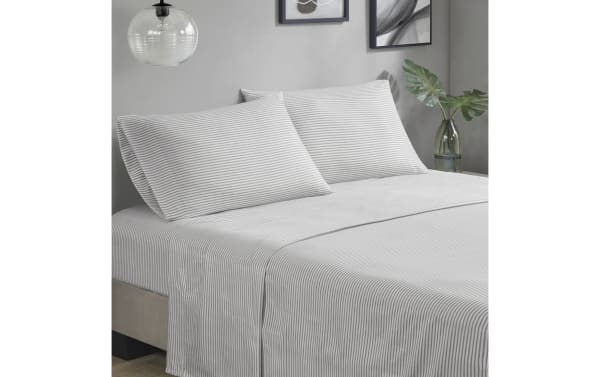 Santos Twin Aqua 5 Piece Striped Comforter Set in gray and white polyester fabric, featuring contemporary thin horizontal stripes for a sleek, modern bedroom look.