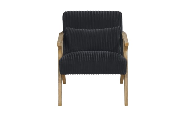 Baylor Black Accent Chair with mid-century modern design, black polyester fabric upholstery, natural wood frame, and high-density foam cushioning for comfort.