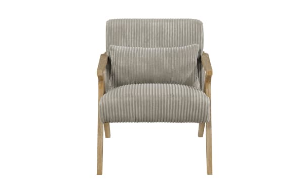 Baylor Taupe Accent Chair with tan polyester fabric upholstery, mid-century modern style, natural wire-brush plywood frame, and plush high-density foam seat with matching lumbar pillow.