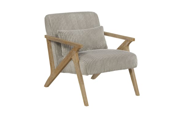 Baylor Taupe Accent Chair with mid-century modern design, taupe polyester fabric upholstery, natural wood frame, and included lumbar pillow for comfort.