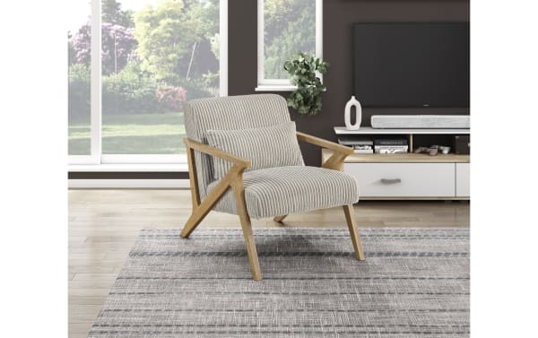 Baylor Taupe Accent Chair in mid-century modern style with taupe polyester fabric, natural wire-brush plywood frame, and high-density foam seat.