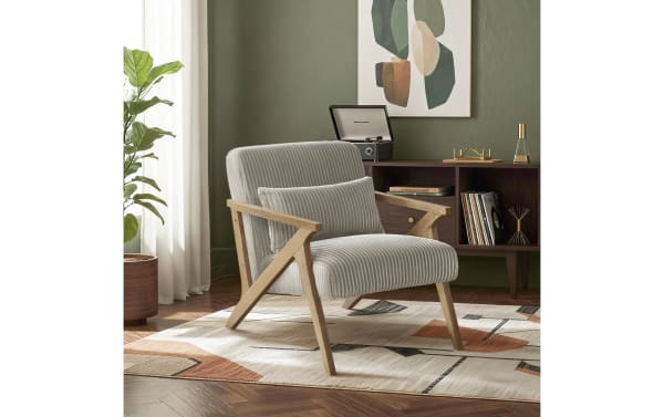Baylor Taupe Accent Chair in mid-century modern style with taupe polyester fabric upholstery, natural wood frame, and high-density foam cushion for durable comfort.