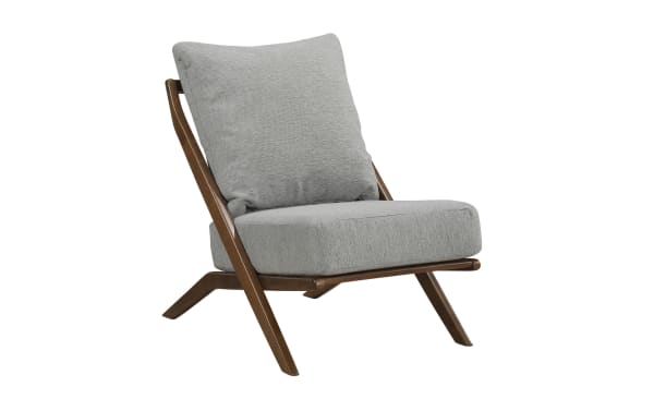 Silas Gray Accent Chair with mid-century modern rubberwood frame, gray chenille fabric upholstery, high-density foam seat, and removable back cushion.