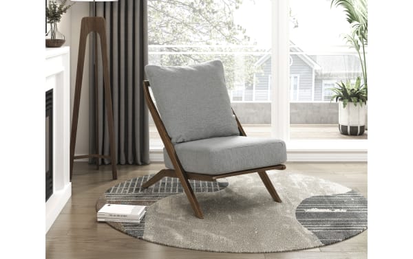 Silas Gray Accent Chair in mid-century modern style with gray chenille fabric, rubberwood frame, removable back cushion, and foam seat.